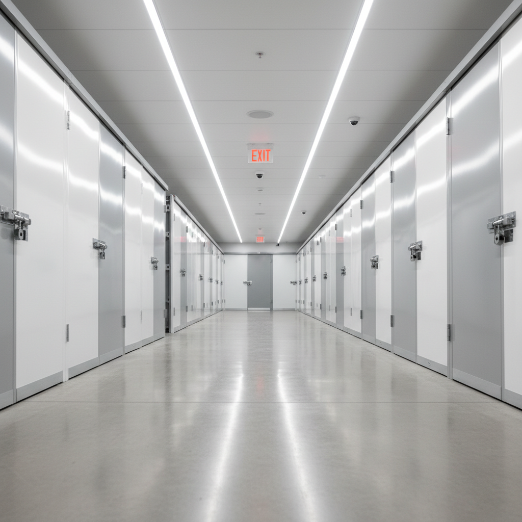 A spacious interior corridor of a self storage facility with pristine, waist-height white and light-gray steel doors stretching into the distance on both sides, each door featuring secure cylinder locks and sturdy metal latches. The polished concrete floor reflects cool, bright LED strip lighting recessed into the ceiling, creating even, shadow-free illumination. Discreet security cameras and red-lined emergency exit signs appear at intervals, emphasizing 24/7 monitoring and safety without clutter. Photographic realism, shot from a low, centered angle along the hallway to emphasize depth and organization, with sharp focus throughout. The mood is calm, clean, and highly professional, conveying trustworthiness and reliable storage conditions for valuable belongings.
